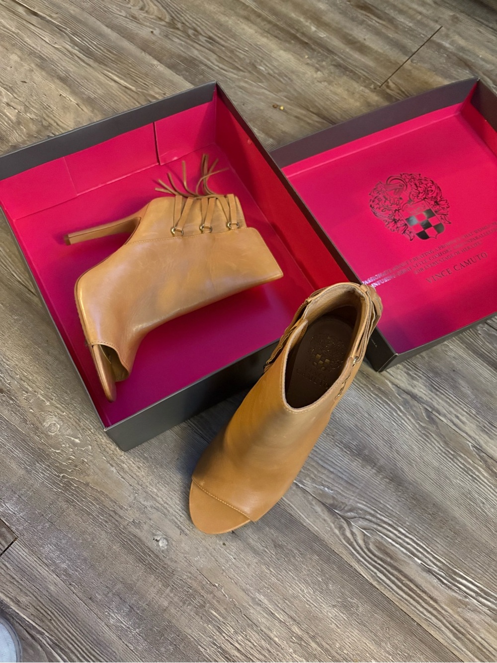Vince Camuto Tan Leather Peep-Toe Mules with Tassel Lace Back
